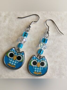 ❤️ Blue Owl Dangle Earrings Set Faceted Glass Beaded Charm Jewelry Cute Cartoon
